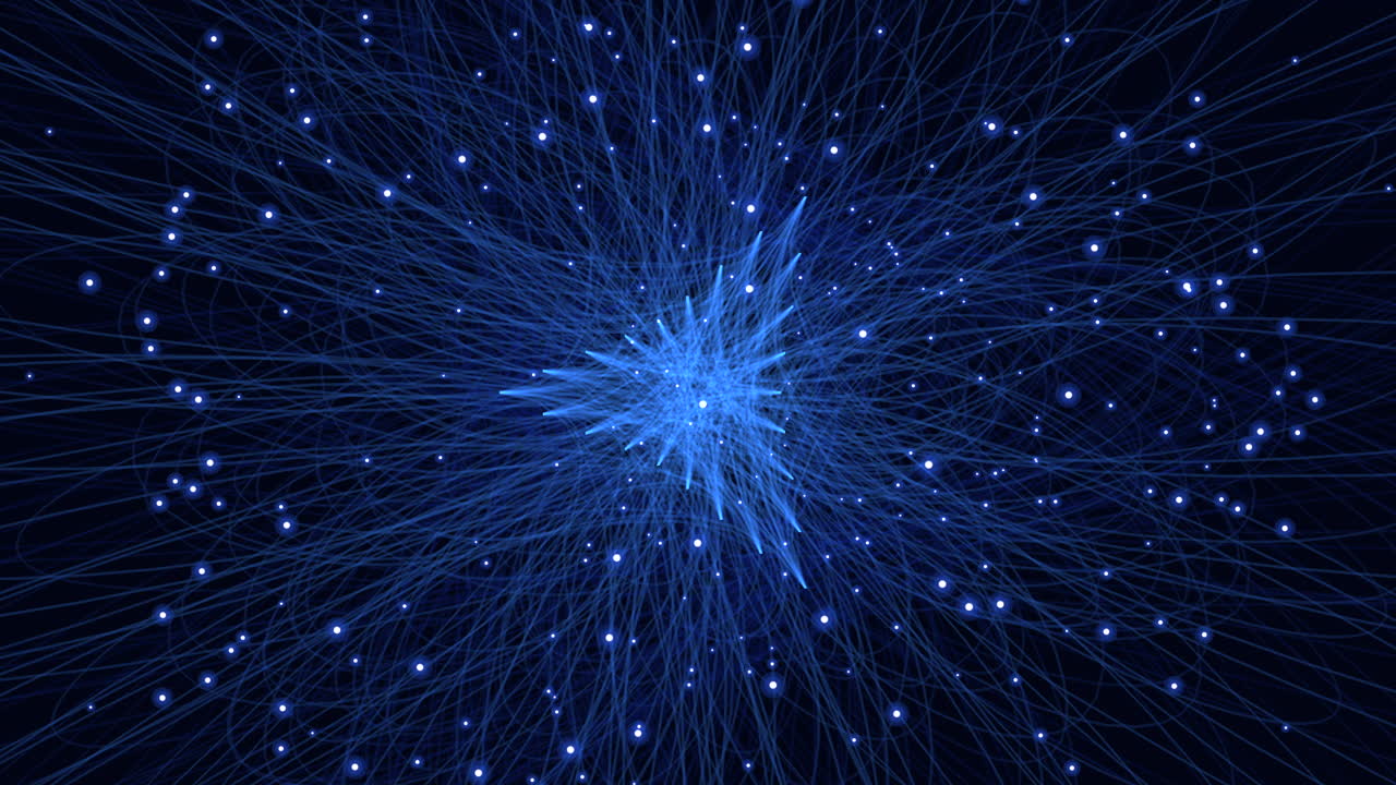 forma geométrica abstracta con líneas de neón y brillos en la galaxia oscura