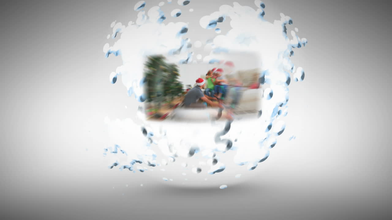 animación de feliz navidad sobre una familia abriendo regalos