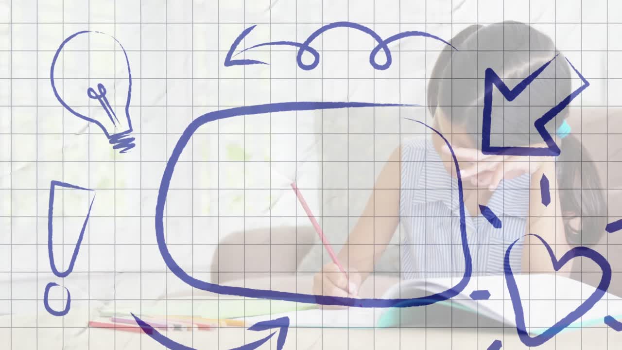 수업 중의 여학생 위에 사각형 종이에 아이콘을 가진 연설 거품의 애니메이션