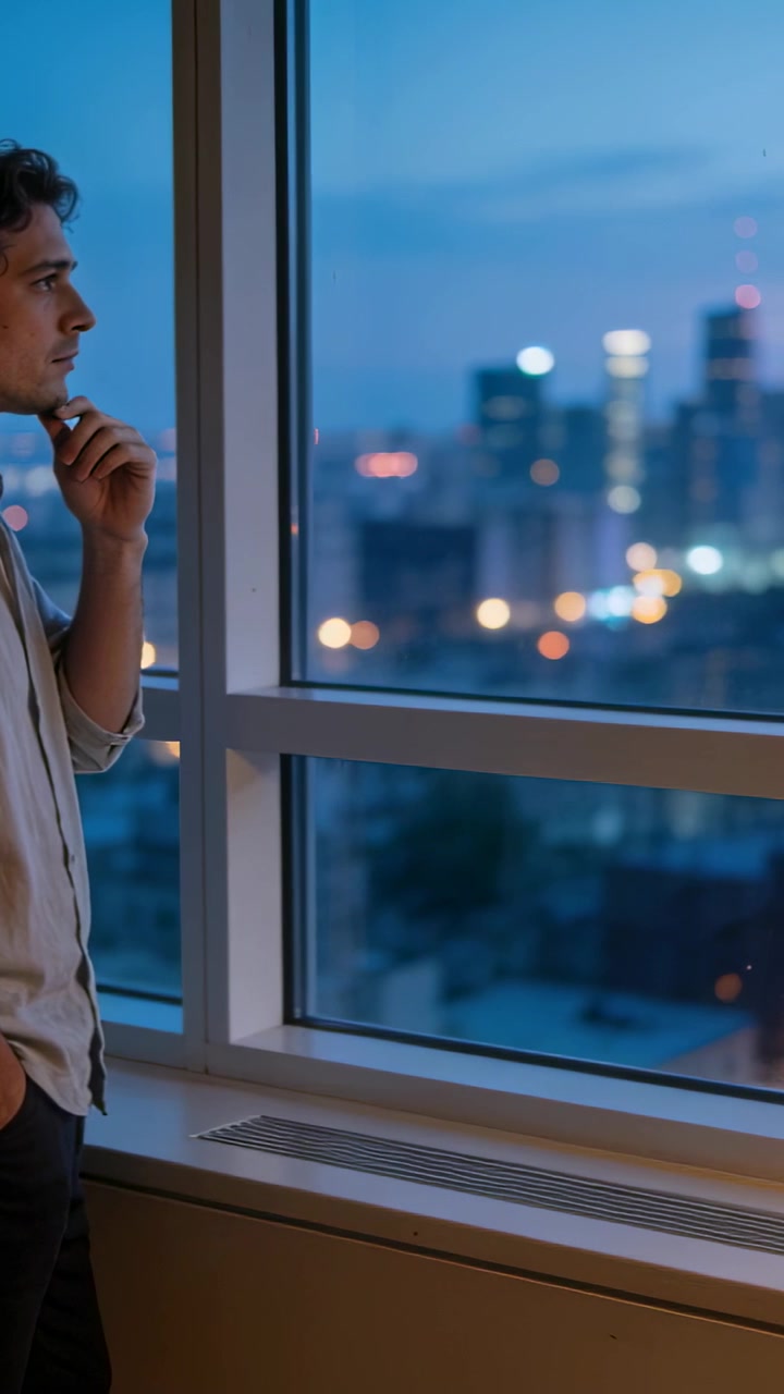 Vertical video: At dusk man in light top gazing city at high-rise window vent thinking, copy space