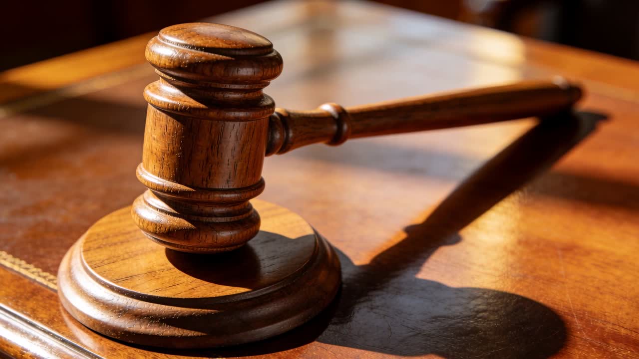 Pulling camera focus on wooden judge gavel and sound block at judge's bench, highlighting shadow