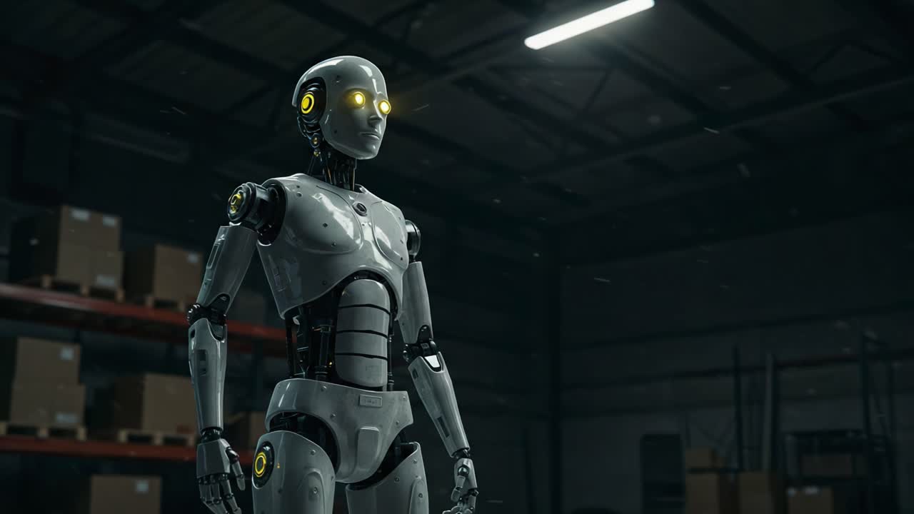 Futuristic Robot with Glowing Eyes Standing in a Warehouse Setting, Showcasing Advanced Technology and the Future of Automation in Industrial Environments