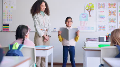 student, child and reading a book in class