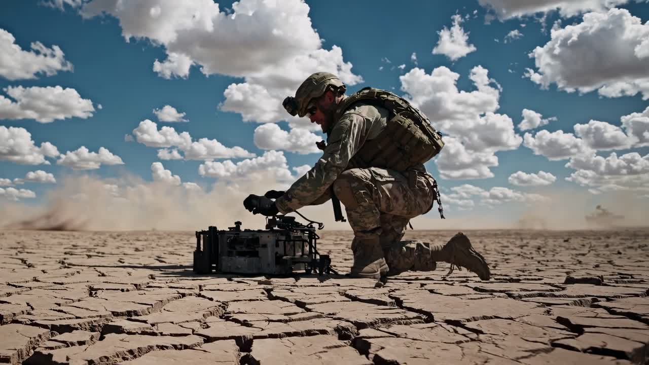 Military personnel carefully controlling remote robotic device while kneeling on cracked, arid terrain beneath cloudy sky, showcasing advanced tactical technology in challenging desert environment
