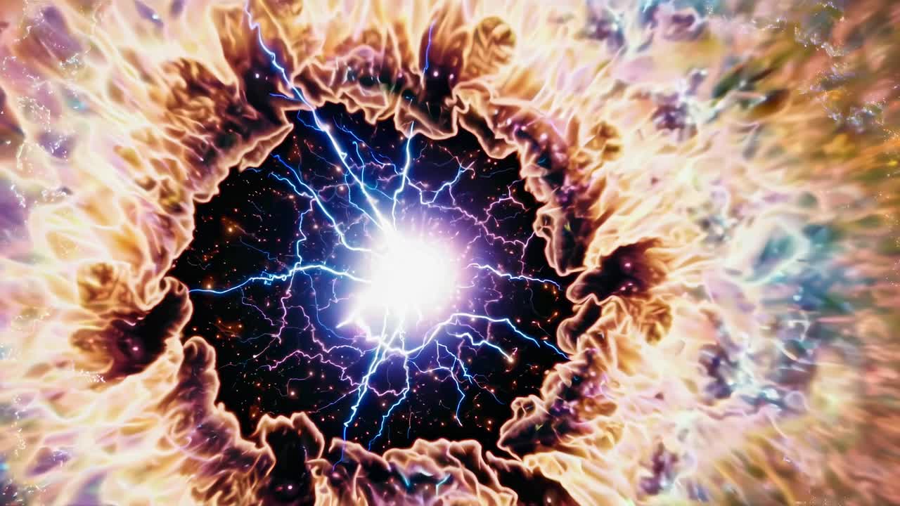 Dynamic cosmic explosion with electric blue streaks in space, captured from a wide-angle