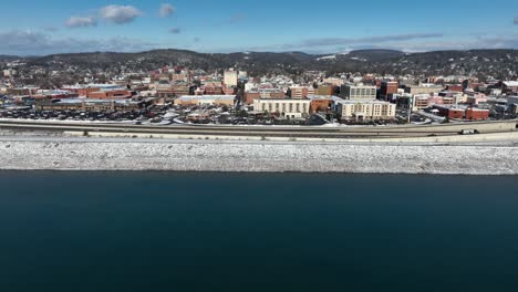 aerial truck shot of snow covered williamsport pennsylvania during winter