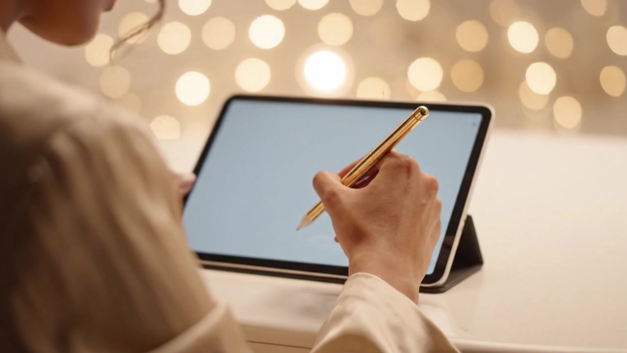 Una persona escribiendo en una tableta con un lápiz óptico, centrándose en la creatividad y la tecnología en un entorno con luz suave, cautivando el arte de la expresión digital