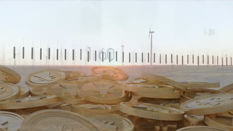 animación del procesamiento de datos y monedas sobre turbinas eólicas