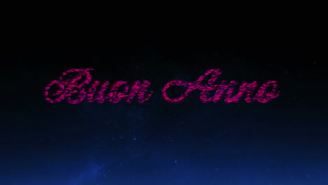 animation of buon annee text in pink with new year fireworks in night sky