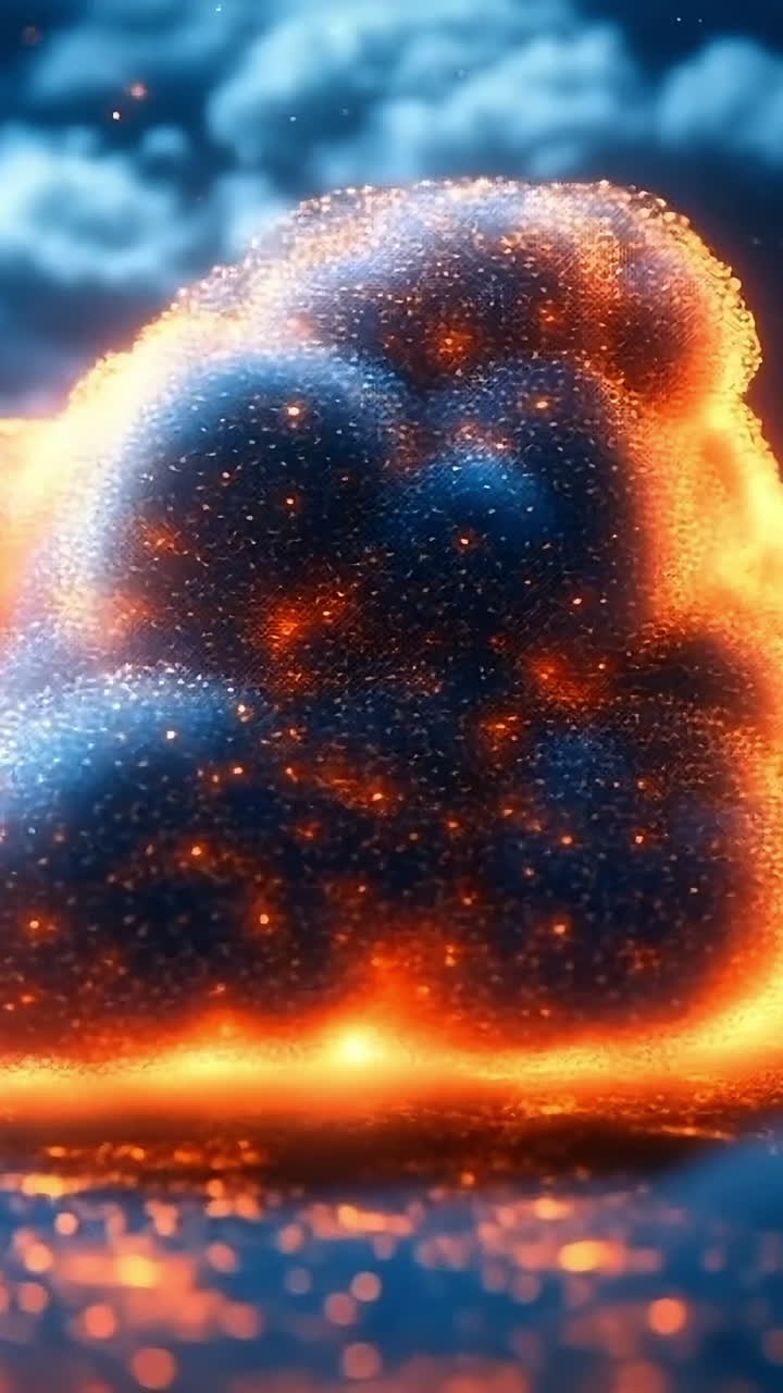 Fiery cloud formation at night sky. A vibrant cloud glows with fiery hues in a nighttime setting, illuminating the surroundings with warm colors.