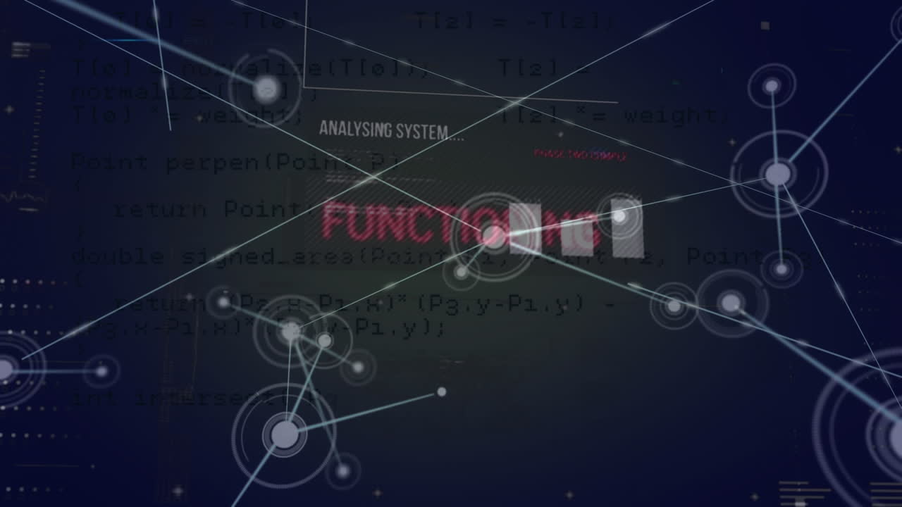 Animation of network of connections and data processing over dark background