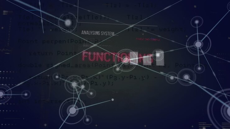 Animation of network of connections and data processing over dark background