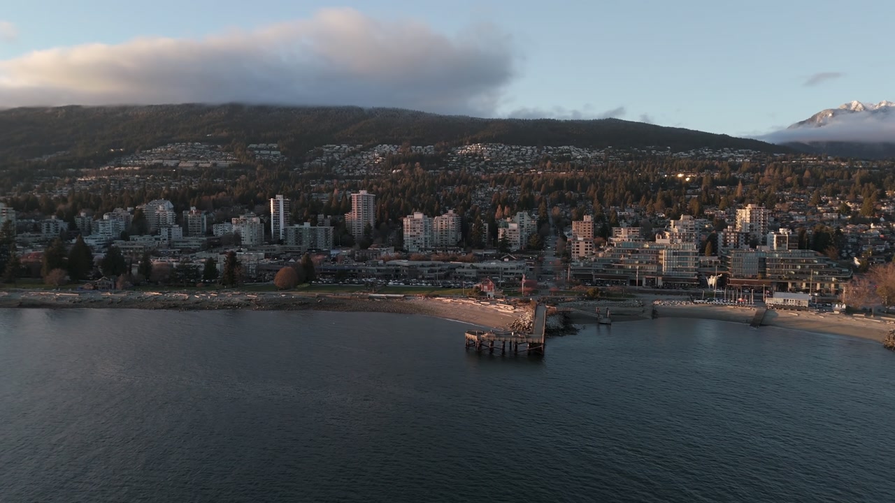 West Vancouver Skyline Along The Shores Of The Burrard Inlet In British Columbia, Canada - Aerial Drone Shot