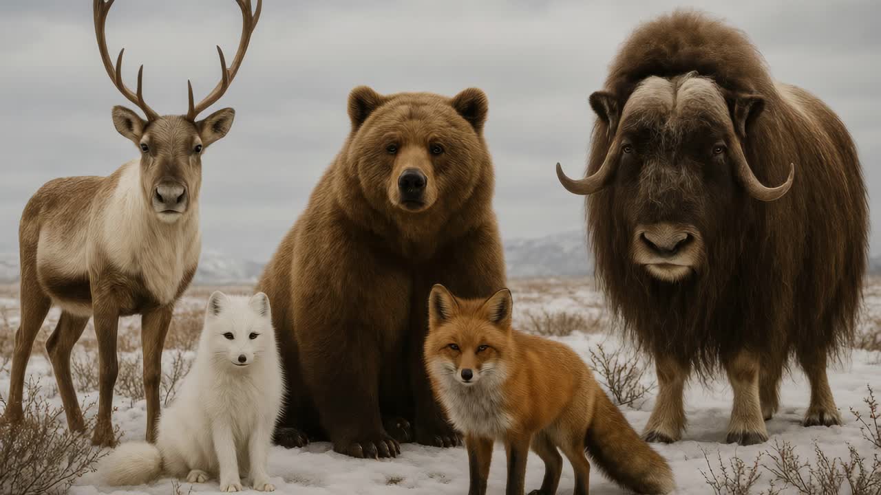 A wildlife video concept featuring a front-facing angle of diverse animals, including a bear, fox