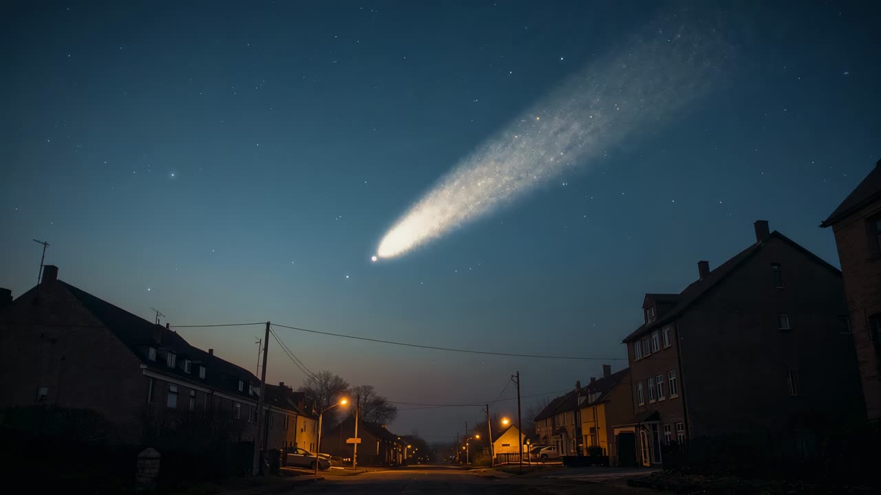 Twilight revealing bright comet-like object moving rightward across small-town street sky, houses