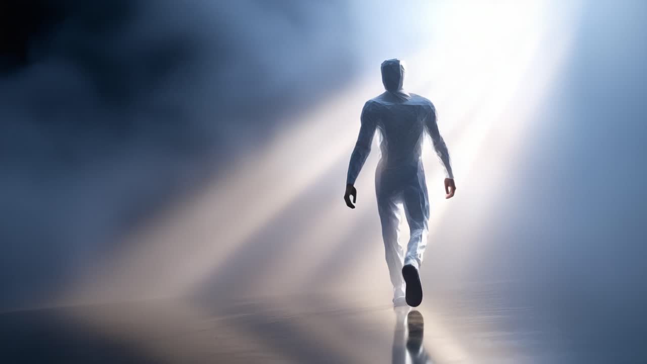 A figure dressed in white walks confidently through a misty atmosphere lit by beams of light, symbolizing emergence, determination, and hope in a surreal, captivating scene