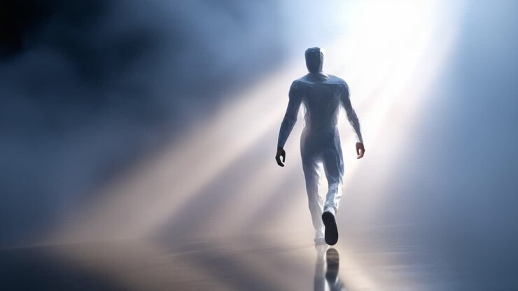 A figure dressed in white walks confidently through a misty atmosphere lit by beams of light, symbolizing emergence, determination, and hope in a surreal, captivating scene