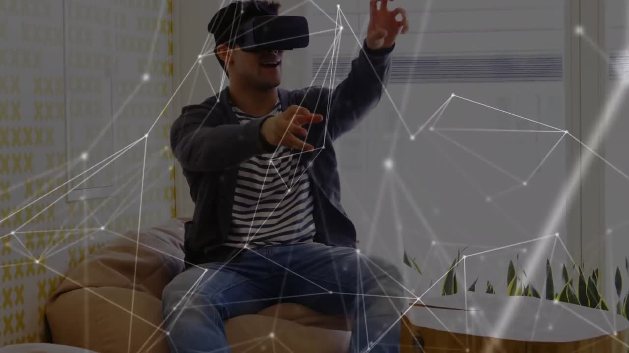Animation of network of connections over businessman wearing vr headsets