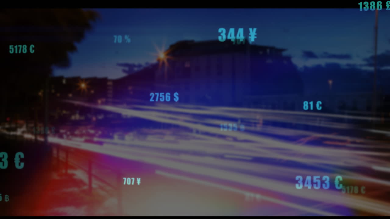 Urban street glowing under moving light trails, showing floating financial data overlays in cyan