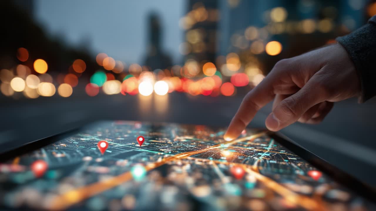 A hand navigating a digital map on a touchscreen device, focusing on urban locations with illuminated city streets in the background during twilight