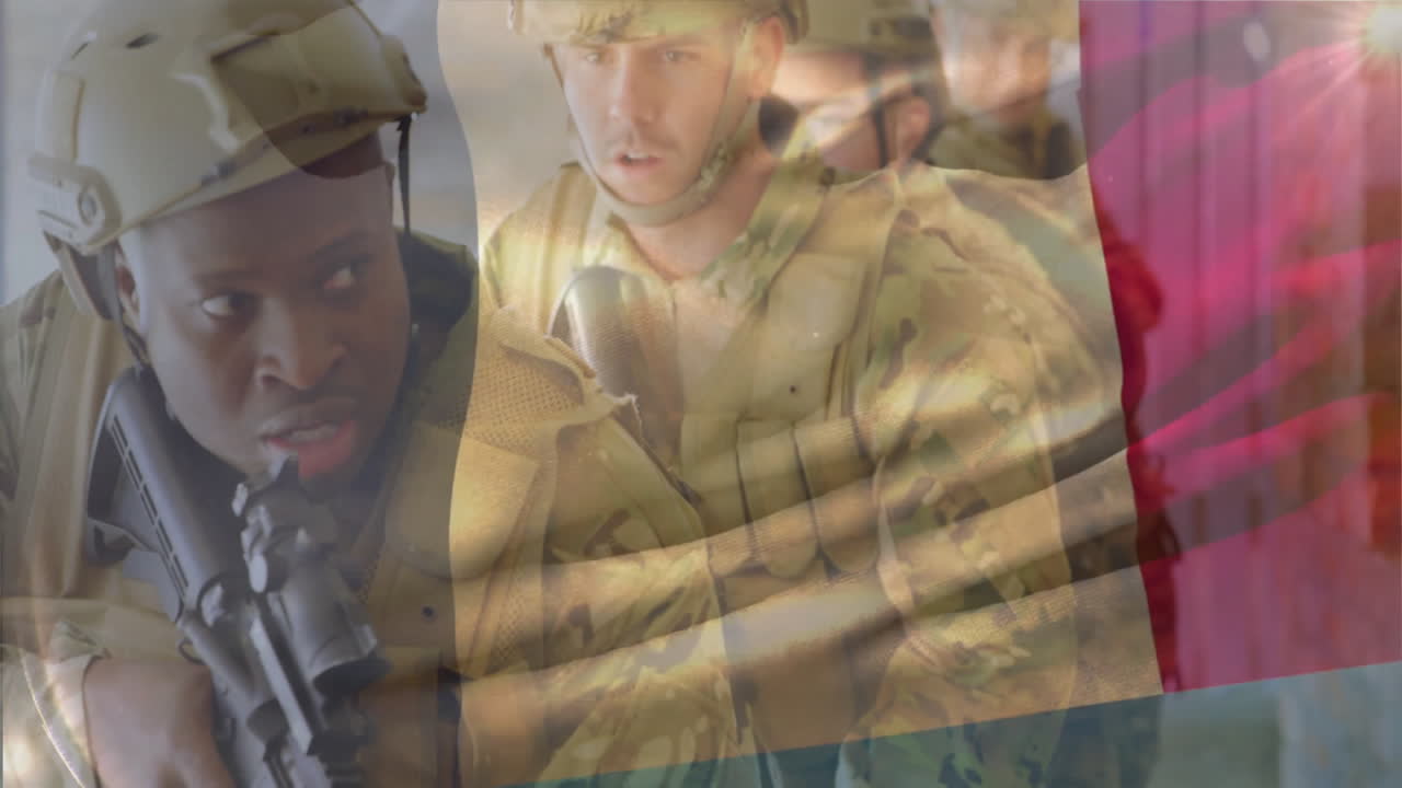 animación de la bandera de bélgica sobre varios soldados