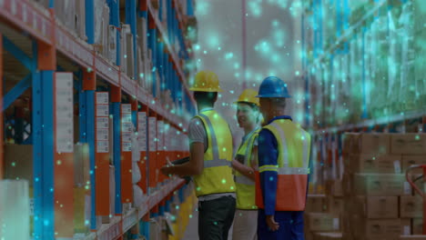 animación de puntos brillantes sobre diversas personas que trabajan en el almacén