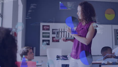 Animation of data processing over diverse schoolchildren and female teacher in classroom