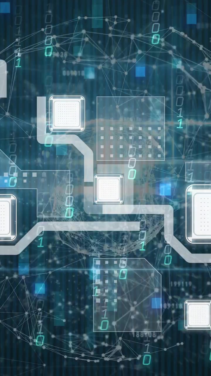 Vertical video: On data input, chip node pulsing and routing binary along silver traces for tech