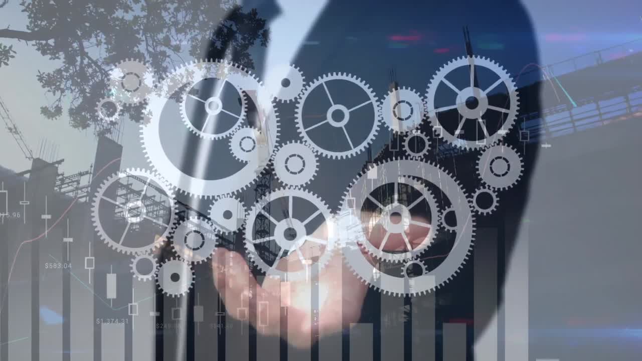 사업가, 도시 전망 및 데이터 처리에 대한 회전  ⁇ 의 애니메이션