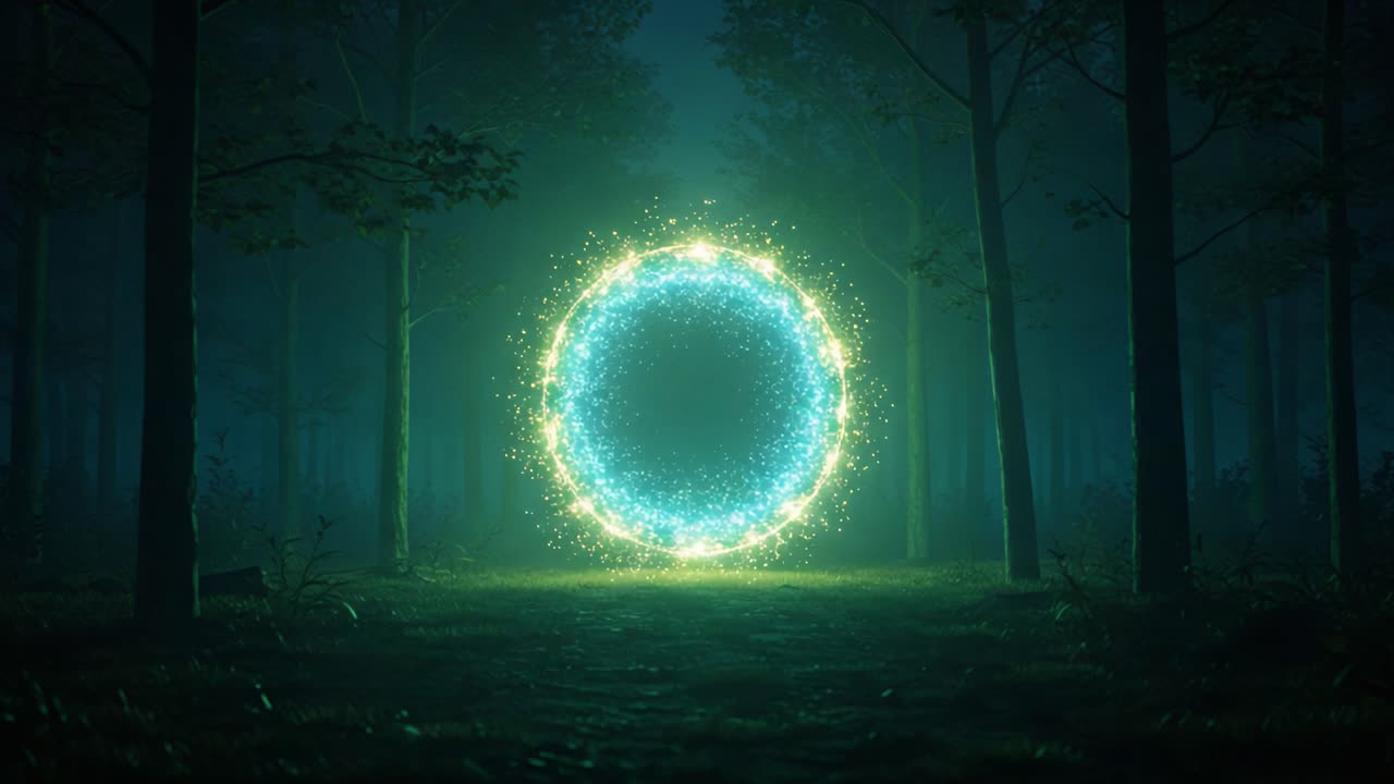 A Mysterious Energy Portal Surrounded by Enchanted Forest, Glowing Brightly with Ethereal Lights and a Magical Aura Captured in a Dark Atmospheric Setting
