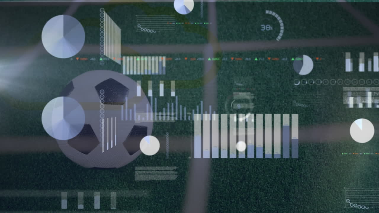 Animation of statistical data processing against close up of a football on grass field