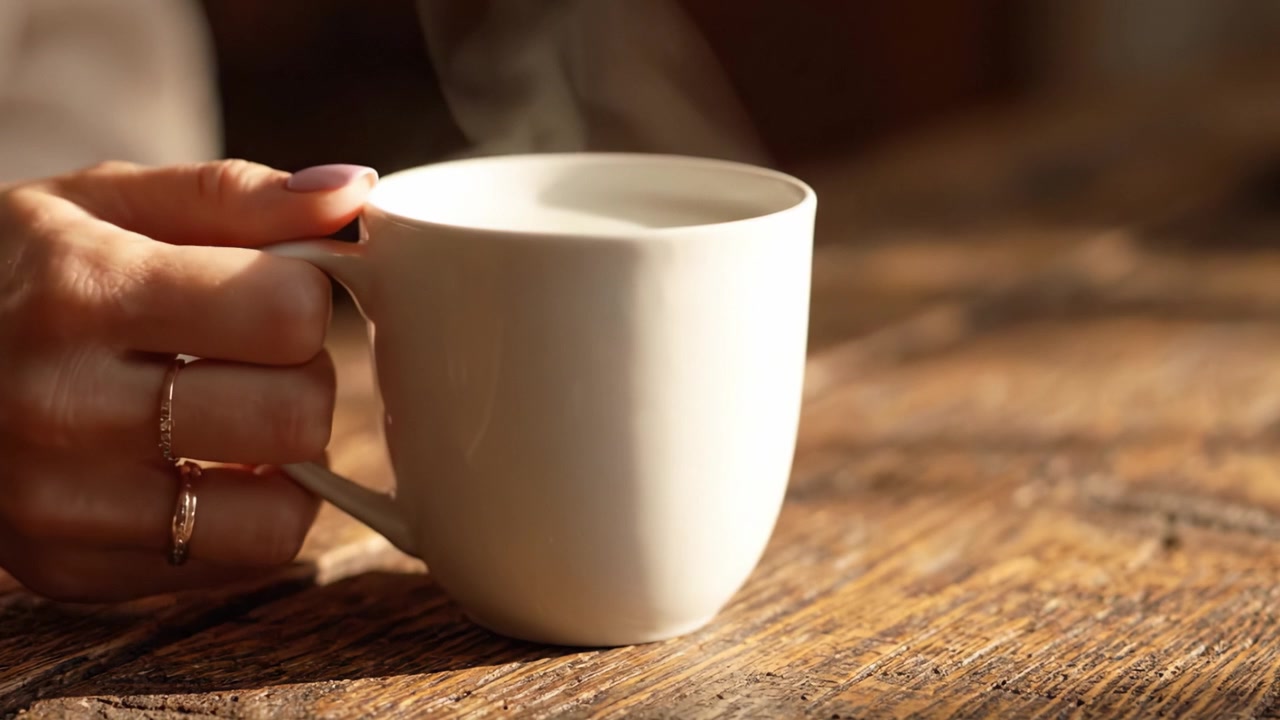 Un momento accogliente catturato: il viaggio di una bevanda calda in una tazza bianca su un tavolo di legno rustico.