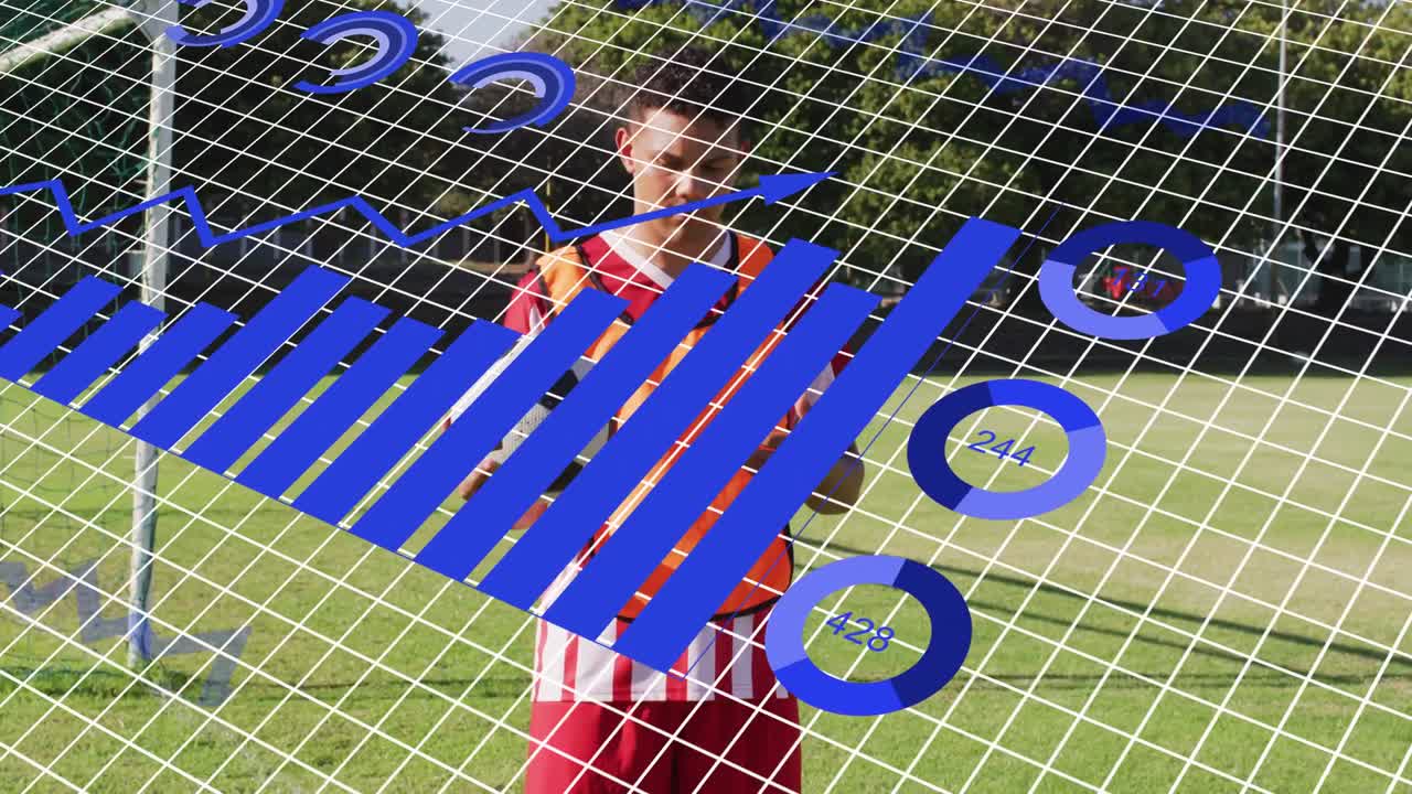 Male player shifting weight and tucking ball as data grid and blue charts moving for training