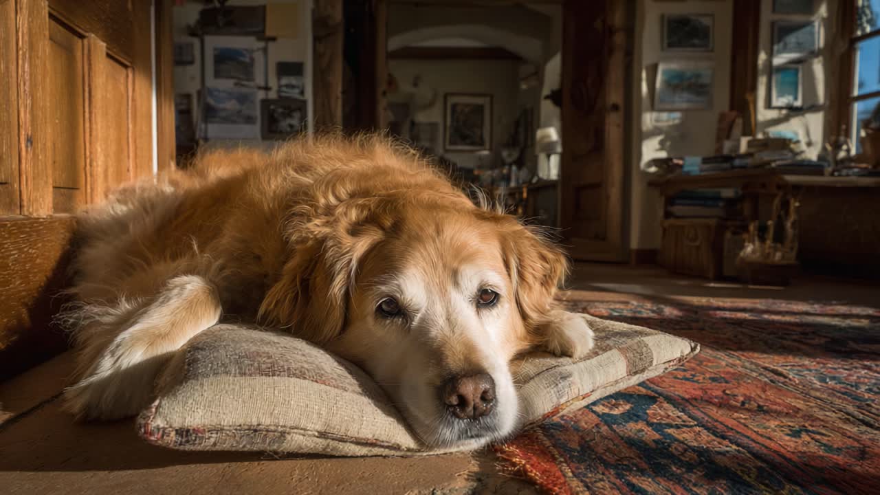 A Cozy Moment: A Golden Retriever Resting Comfortably on a Cushion in a Warm, Inviting Living Space Enhanced by Natural Light