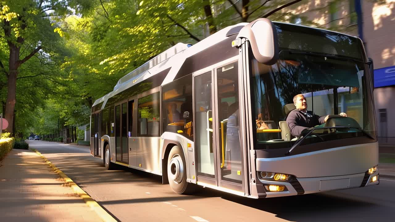 Un autobus moderno scivola lungo una strada verde e alberata. La luce del sole filtra attraverso la fitta chioma degli alberi sovrastante. I passeggeri all'interno rimangono calmi, concentrati sul viaggio. Il veicolo si muove senza intoppi. Ideale per il trasporto urbano.
