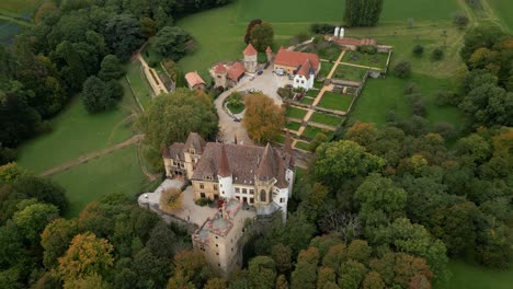 parallax drone shot right above gorgier castle in canton of neuchatel switzerland