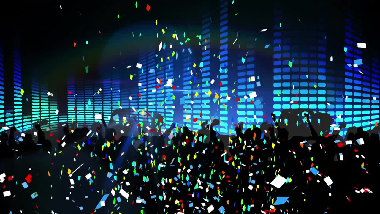 음악 이 ⁇ 라이저에 맞서 춤을 추는 사람들의 실루 ⁇  위에 떨어지는 콘페티의 디지털 애니메이션