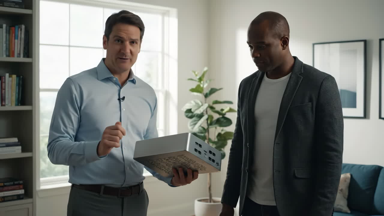 Two men in an office presenting a computer