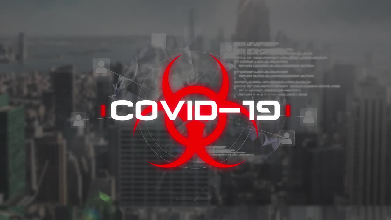 데이터 처리 및 도시 풍경에 대한 코로나 19 경고 텍스트의 애니메이션