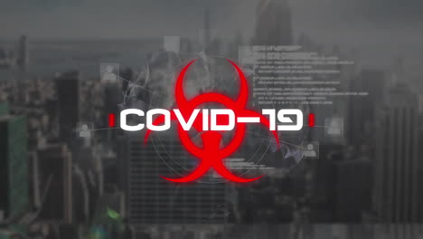 animación del texto de advertencia de covid 19 sobre el procesamiento de datos y el paisaje urbano