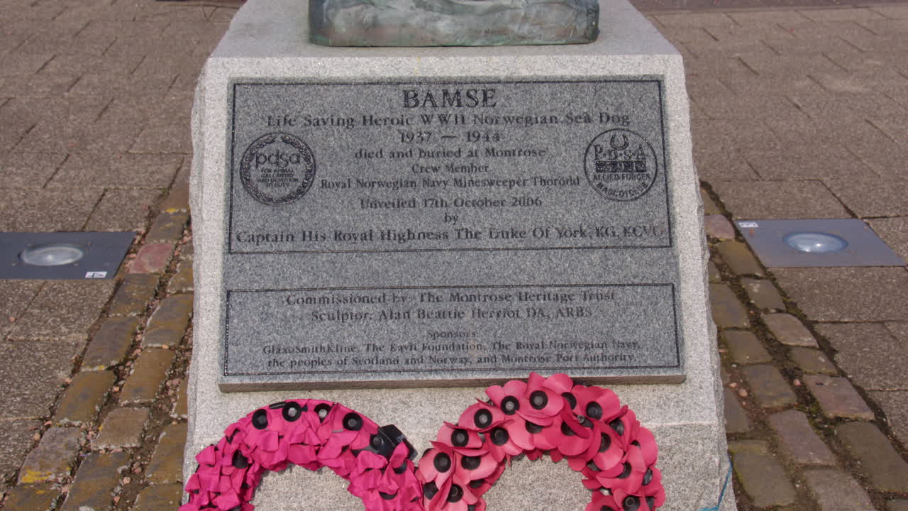 Mid panning shot of the plaque at the base of the statue of Bamse, Norwegian sea dog