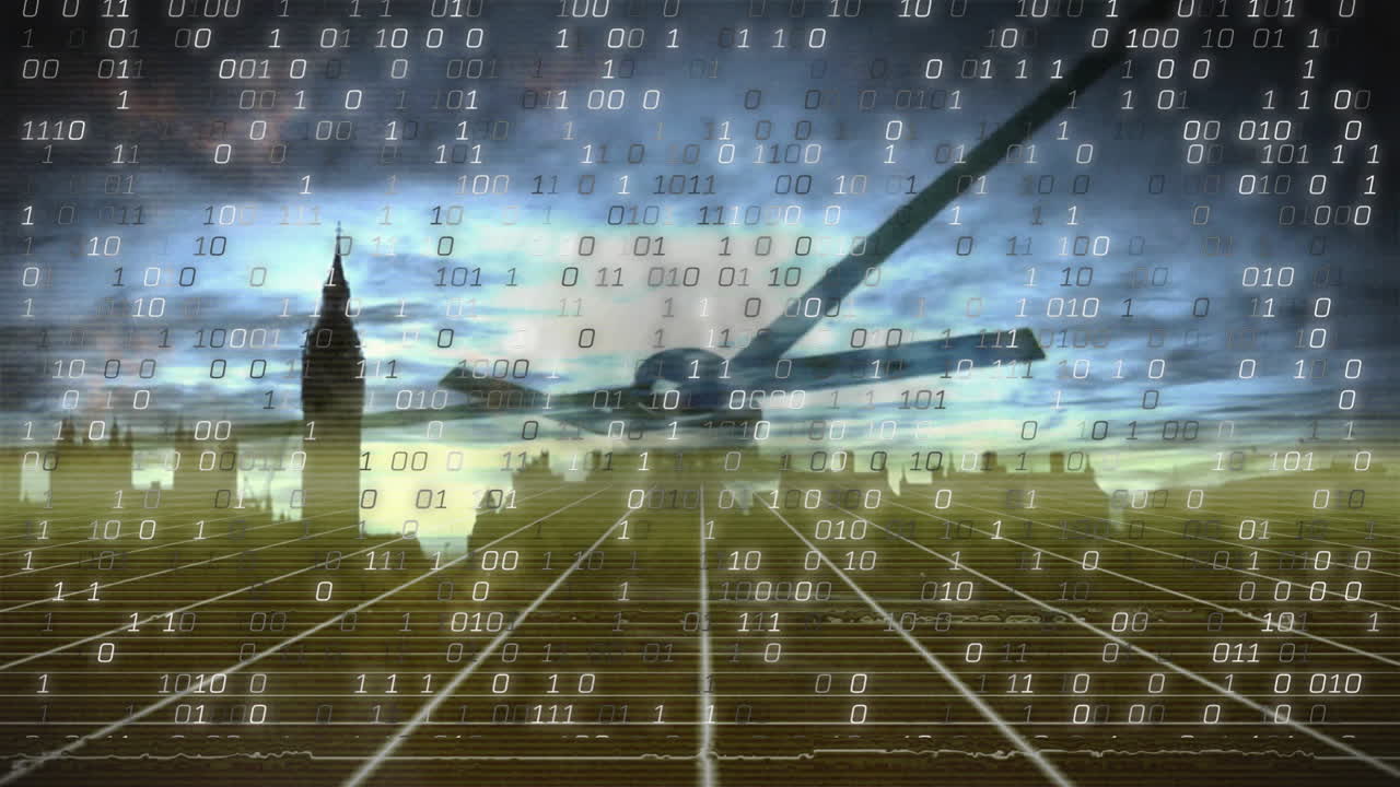 Transparent plane flying toward viewer over wireframe grid with cascading binary code and Big Ben