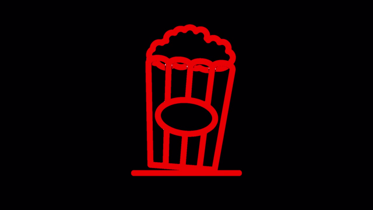Icona animata di secchiello per popcorn al neon rosso su sfondo nero