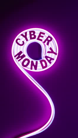 video vertical del texto de cyber monday con luces de neón en fondo púrpura