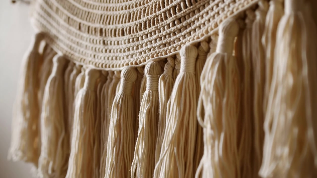 Primo piano di un arazzo macramè beige che mostra dettagli di nodi artigianali, nappe di cotone morbide, luce solare calda, tonalità neutre