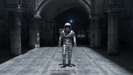 astronauta en un antiguo corredor de piedra