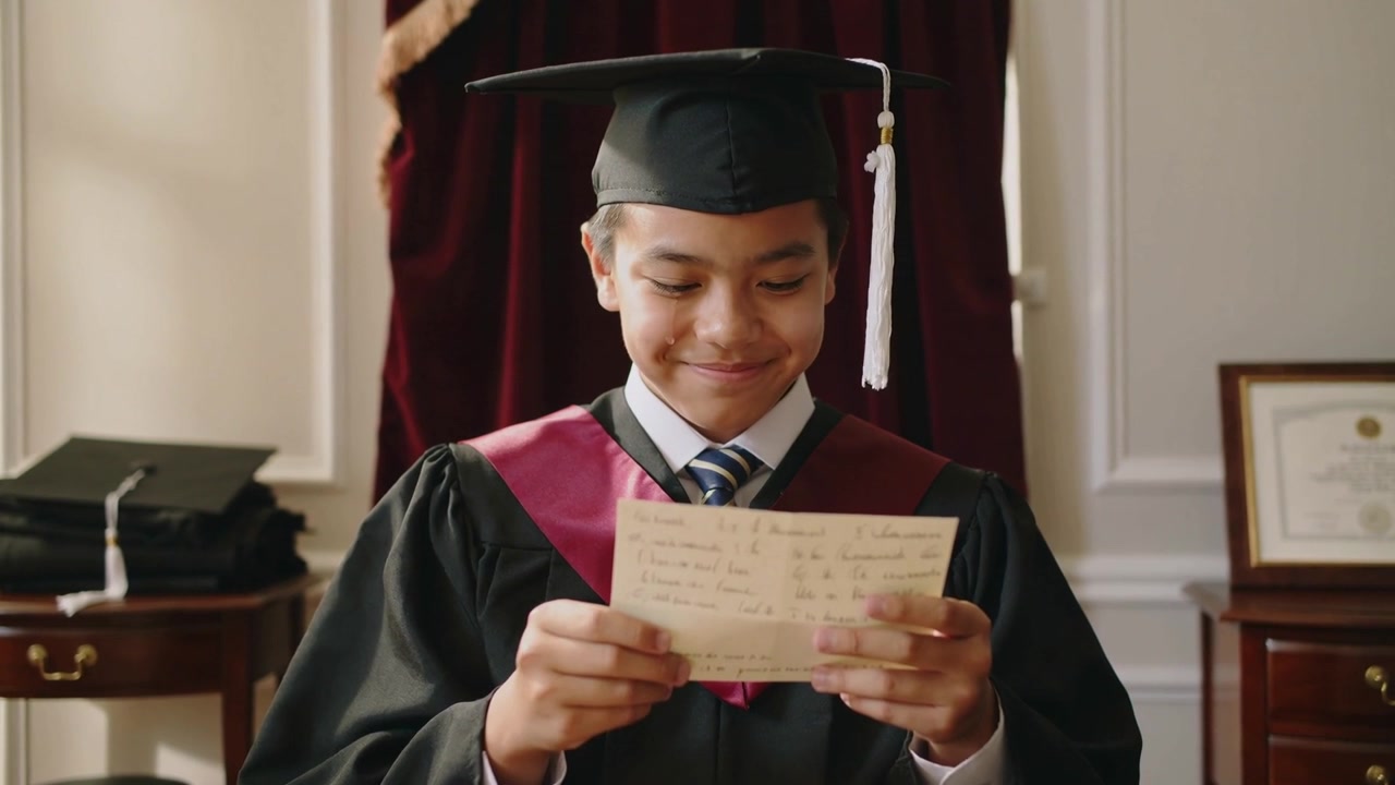 Reading Asian student in gown and mortarboard in school office, holding card, wiping eye, smiling