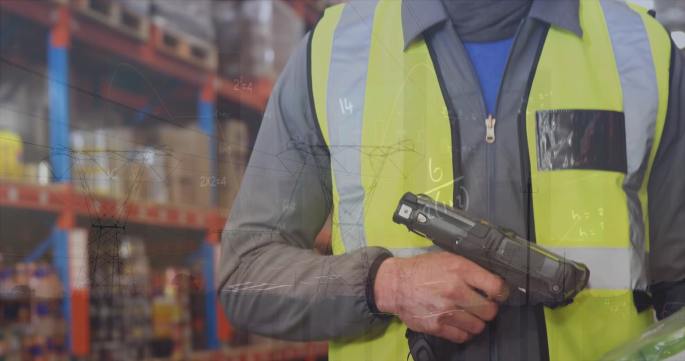Animation of financial data over midsection og caucasian male warehouse worker
