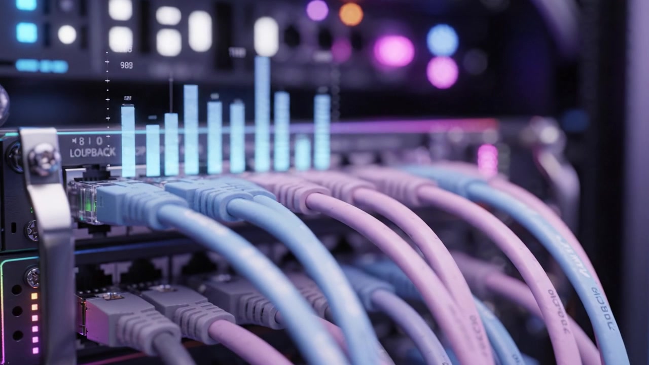Close-Up Shots of Data Cables and Networking Equipment with Colorful LED Indicators and Signal Monitoring in a Server Room Setting