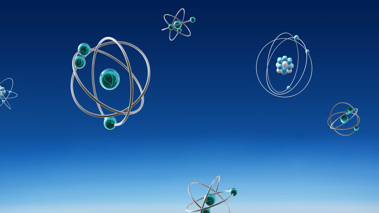 파란색 배경에 회전하는 원자 모델의 애니메이션